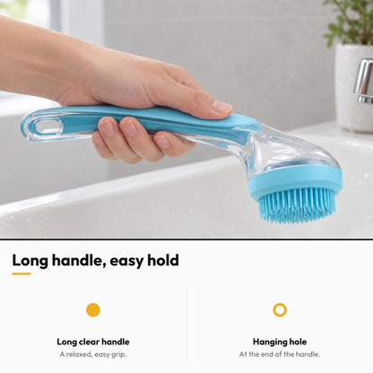 Suds & Scrub – Long handle, easy hold: long clear handle with hanging hole