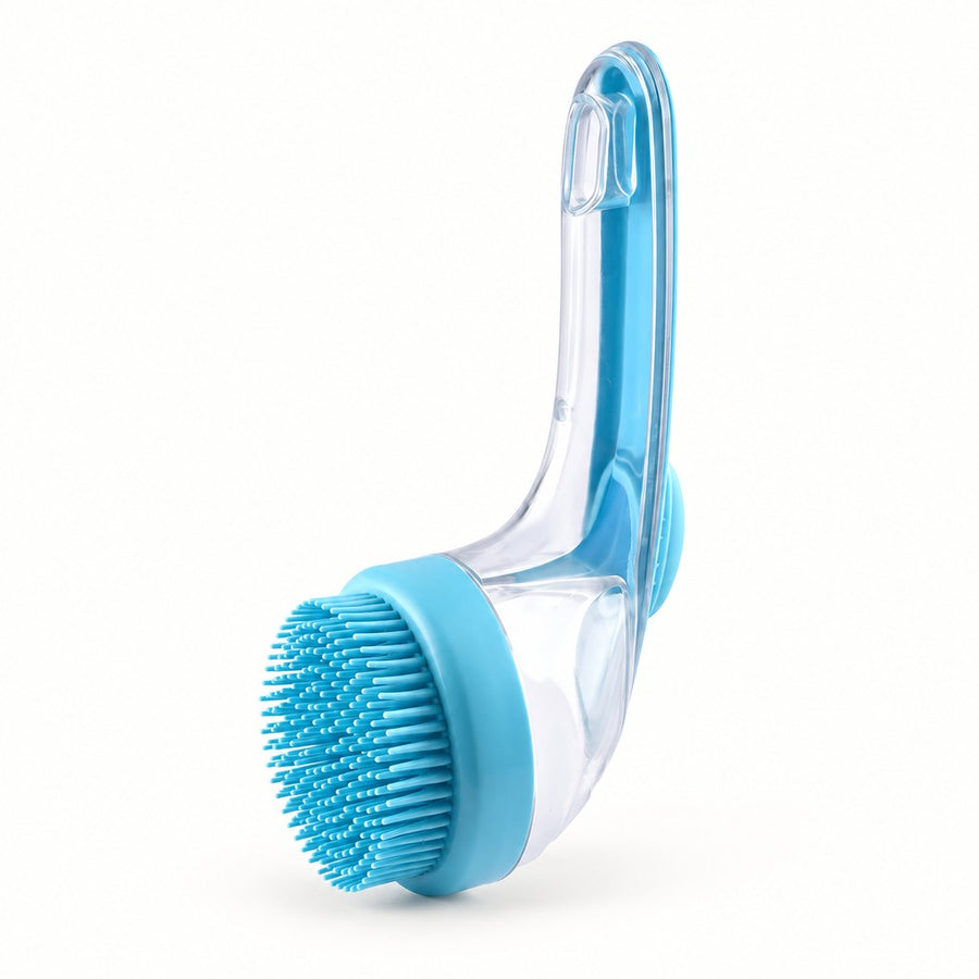 Blue dog bath brush with long clear curved handle and round bristle head
