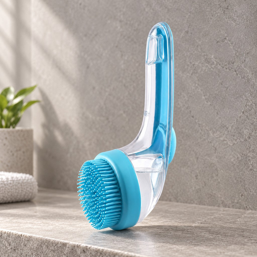 Blue bath brush standing on a stone ledge, clear handle with liquid visible at the base