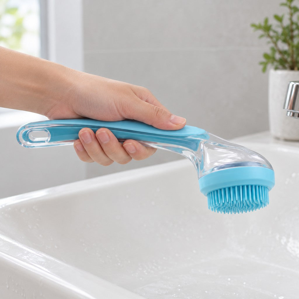 Hand gripping the long clear handle of the bath brush naturally