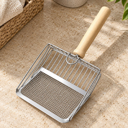 Silver metal cat litter scoop with fine mesh edge, open rods and light wooden handle