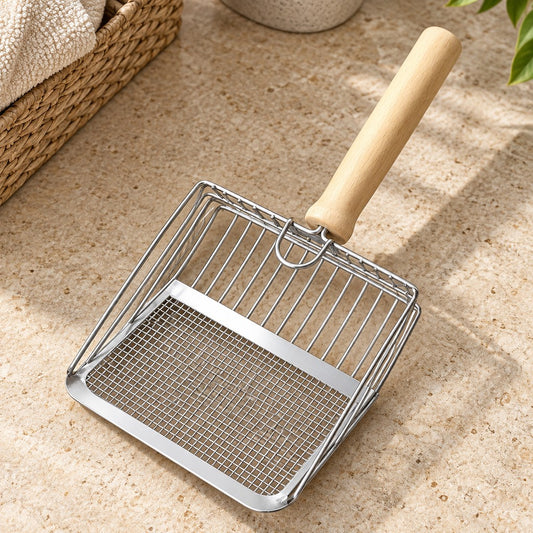 Silver metal cat litter scoop with fine mesh edge, open rods and light wooden handle