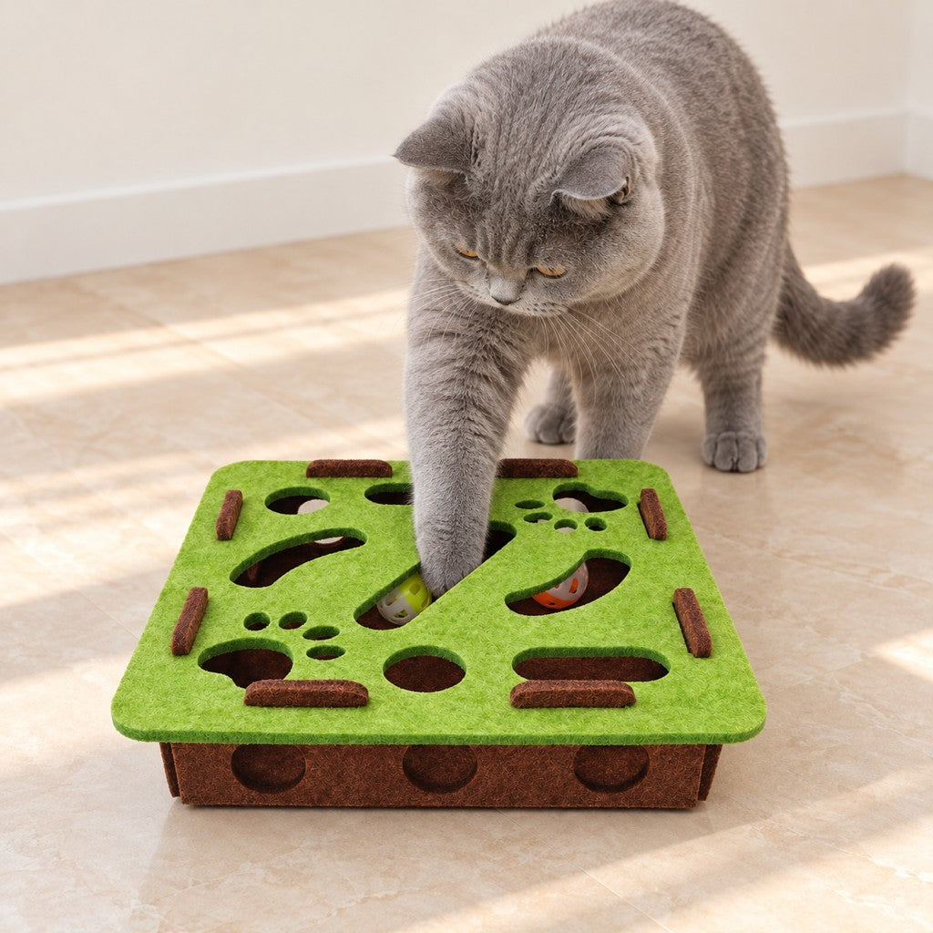 Cat reaching a paw diagonally into an opening in the box lid