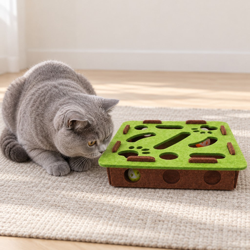 Cat inspecting the side wall and a ball through the box side hole