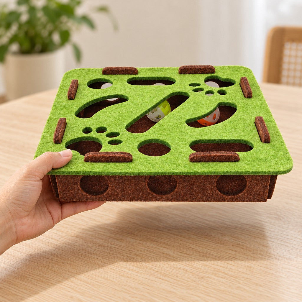 Hand lifting the felt box to show its size and low profile