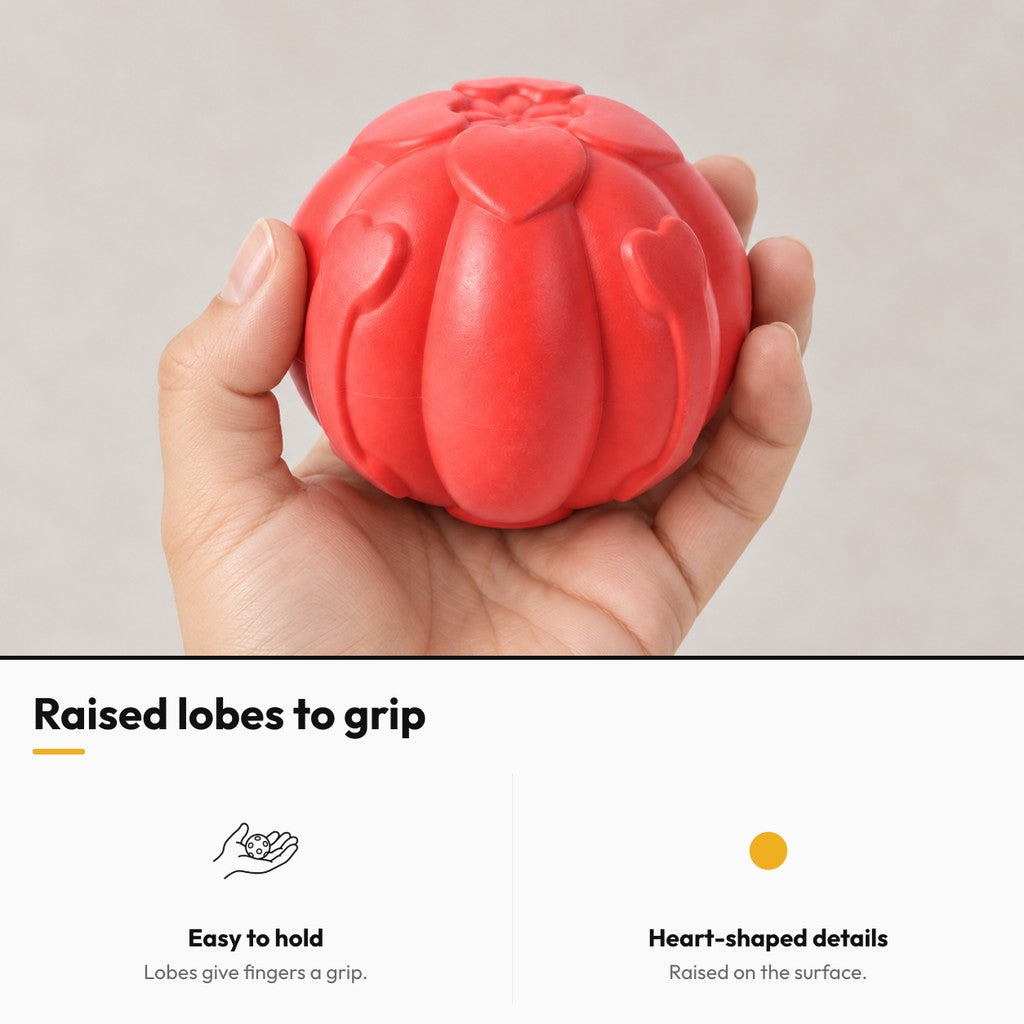 Red Lobed Fetch Ball – Raised lobes to grip: easy to hold, heart-shaped details
