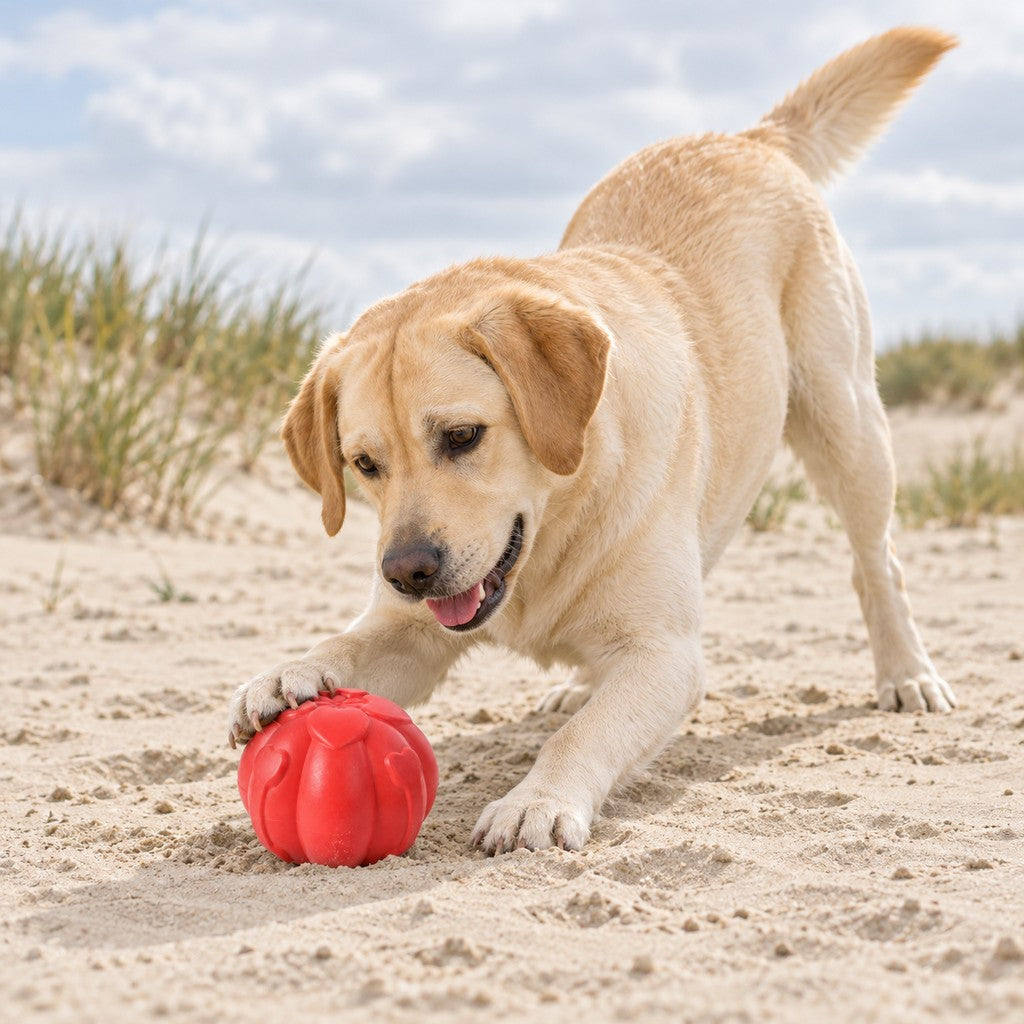 Dog pawing the red lobed ball on dry sand