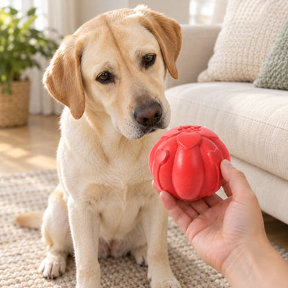 Hand offering the red ball to a dog to share play