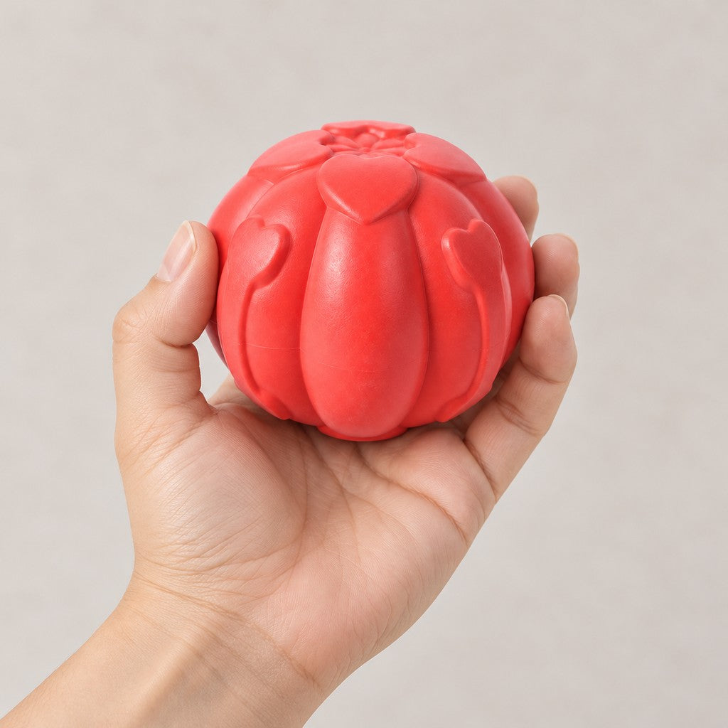 Hand holding the red ribbed ball with heart-shaped details against a plain background
