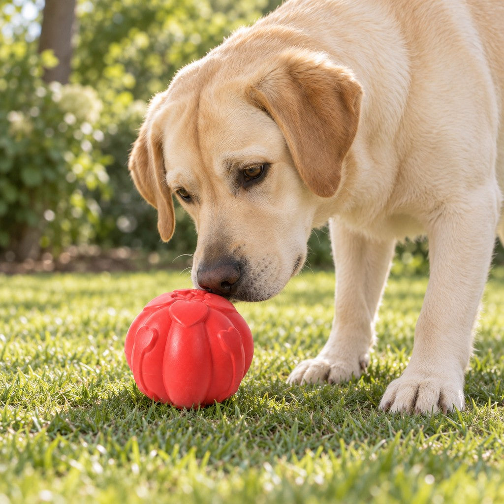 Yellow Labrador sniffing the red ball on sunlit grass