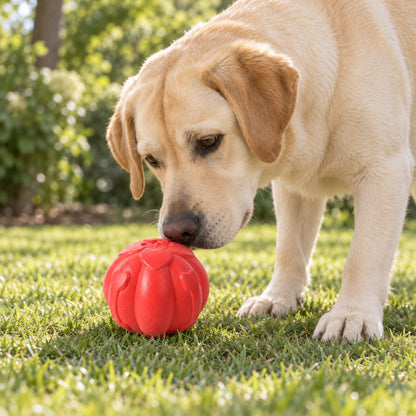 Yellow Labrador sniffing the red ball on sunlit grass
