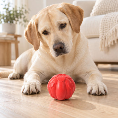 Dog resting indoors near the red lobed ball at home