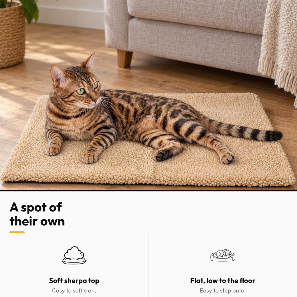 Soft Sherpa Pet Mat – A spot of their own: Bengal cat lying on the sherpa mat