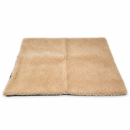 Flat sand-beige sherpa pet mat with a centre seam on a white background