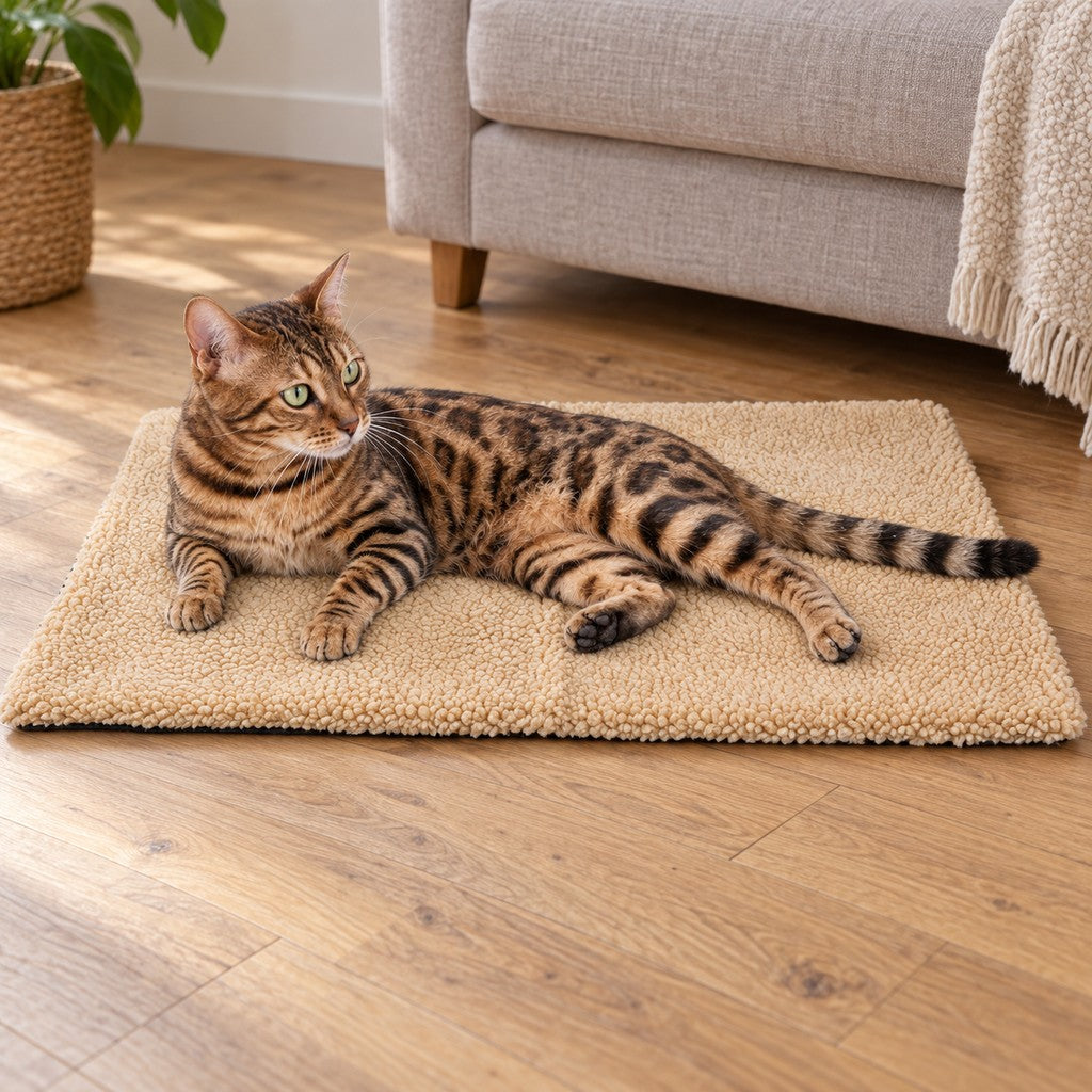 Bengal cat resting on the sherpa pet mat