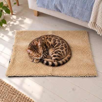 Bengal cat asleep curled on the soft sherpa mat