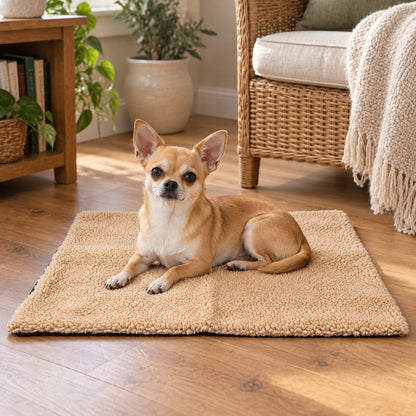 Small dog resting on the sherpa pet mat