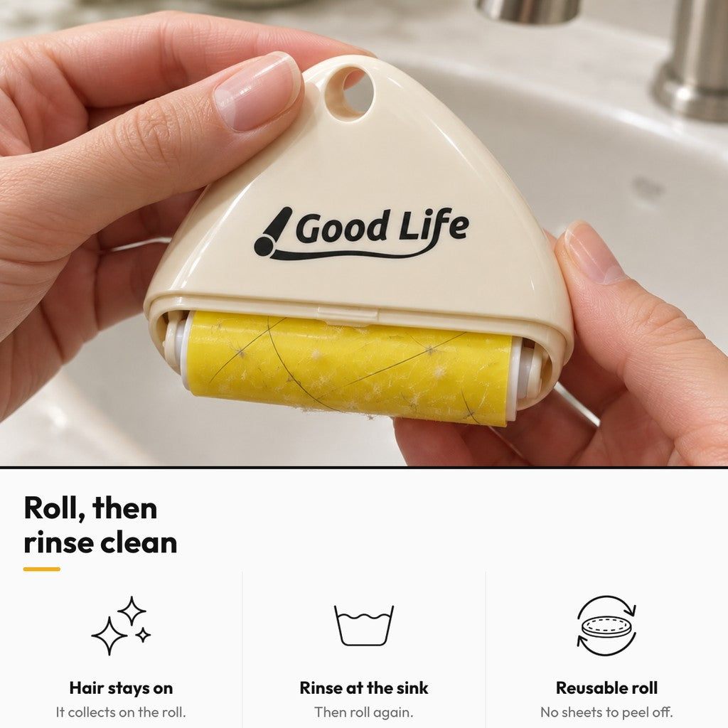 Roll & Rinse – Roll, then rinse clean: hair stays on, rinse at the sink, reusable roll