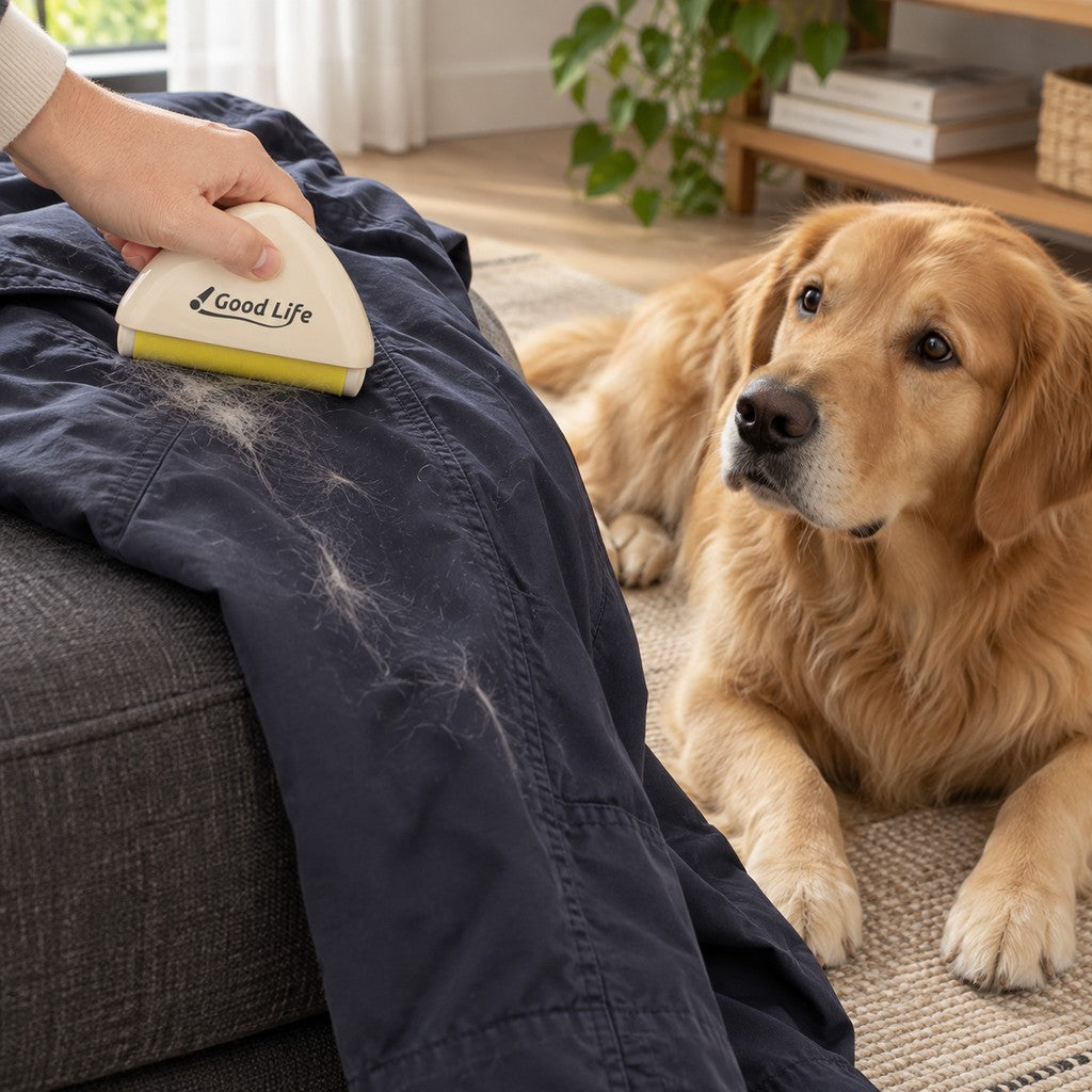 Hand rolling the sticky roller over trousers with a retriever beside