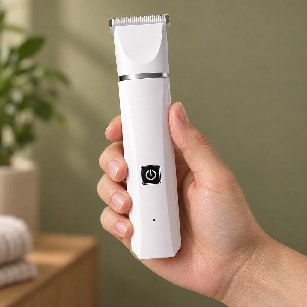 Hand holding the white trimmer upright, black power button facing the viewer