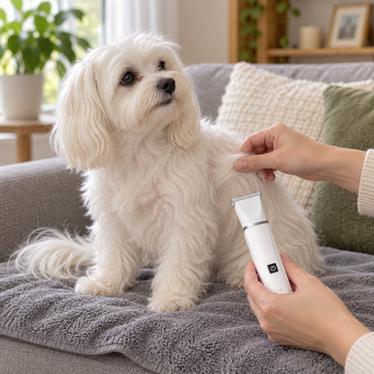 White fluffy dog on a grey sofa while hands lift its coat and hold the trimmer