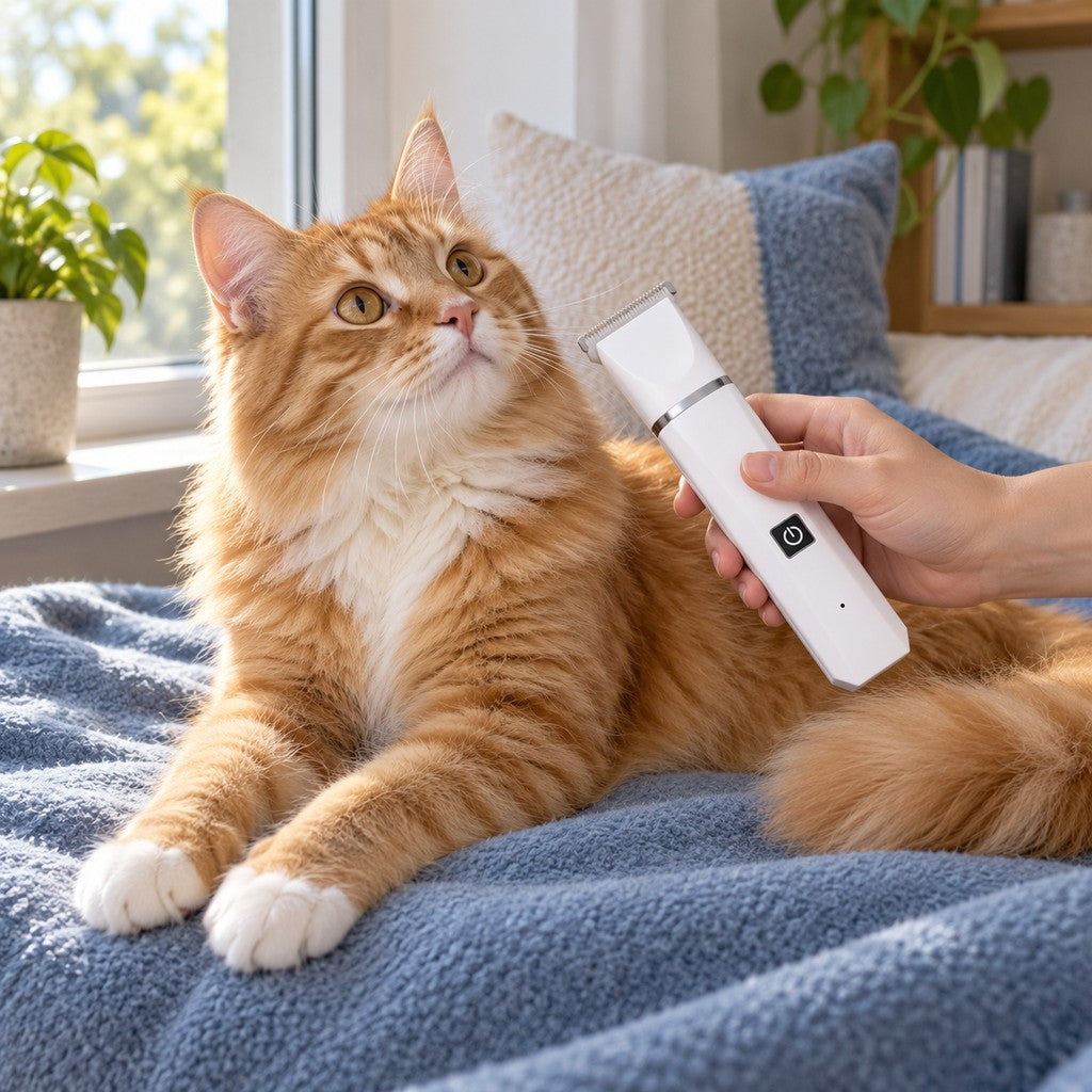 Ginger cat on a blue blanket looking up at the white trimmer held beside it