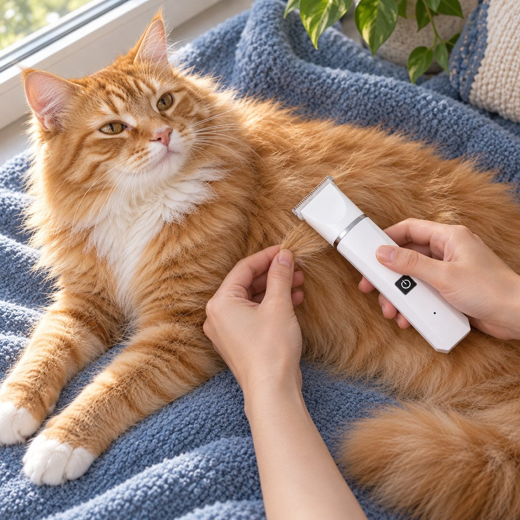 Ginger cat lying on a blue blanket while hands lift its fur and hold the trimmer