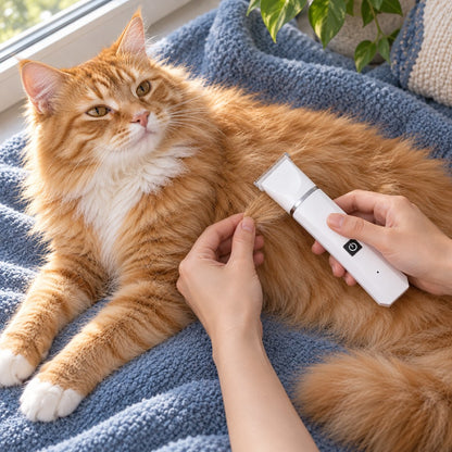 Ginger cat lying on a blue blanket while hands lift its fur and hold the trimmer