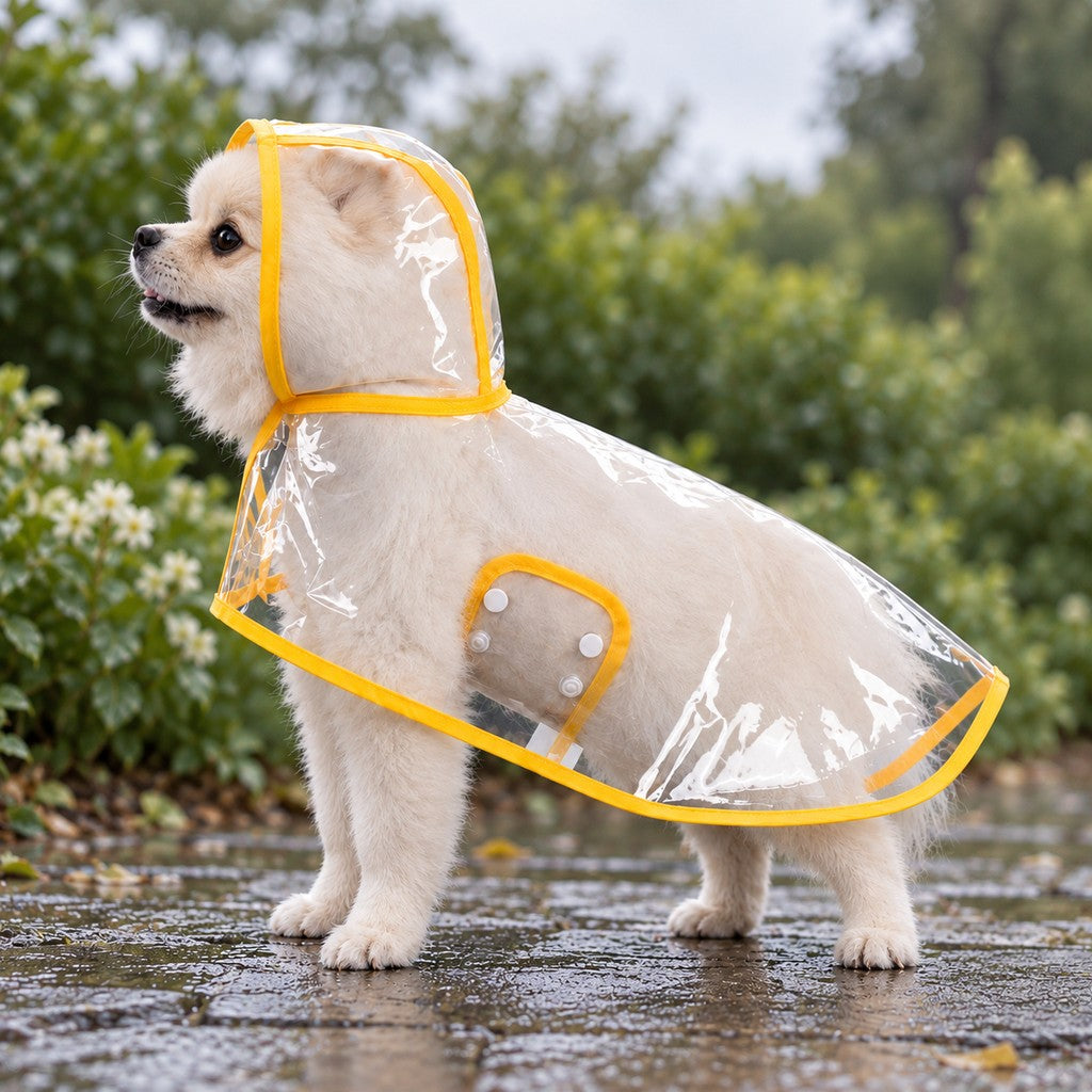Small cream dog in the clear yellow-edged rain cape on a wet paved path