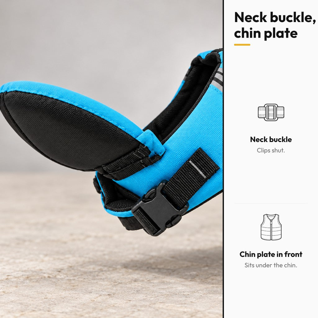 Dog Swim Vest with Back Handle – Neck buckle, chin pad close-up on the blue vest