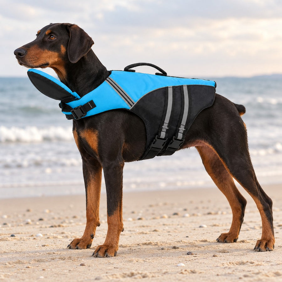 Doberman wearing a bright blue swim vest with black sides, standing on a dry sandy beach