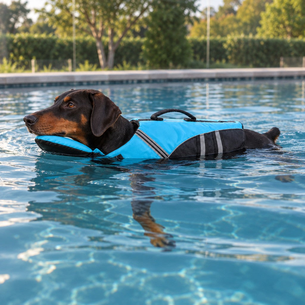 Doberman swimming in a pool in the blue vest, chin resting on the front pad