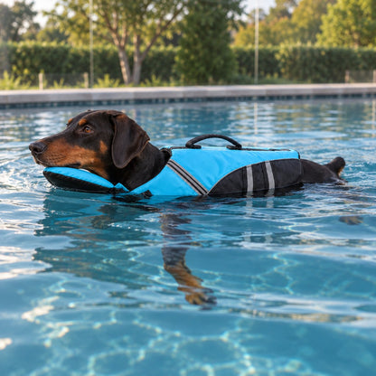 Doberman swimming in a pool in the blue vest, chin resting on the front pad