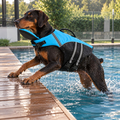 Wet Doberman in the blue swim vest climbing out of a pool onto a wooden deck