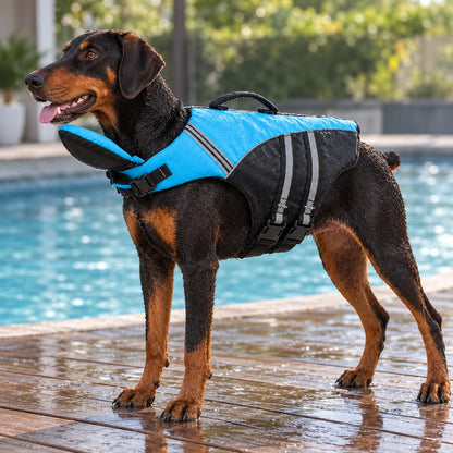 Wet Doberman in the blue swim vest standing on a pool deck after a swim