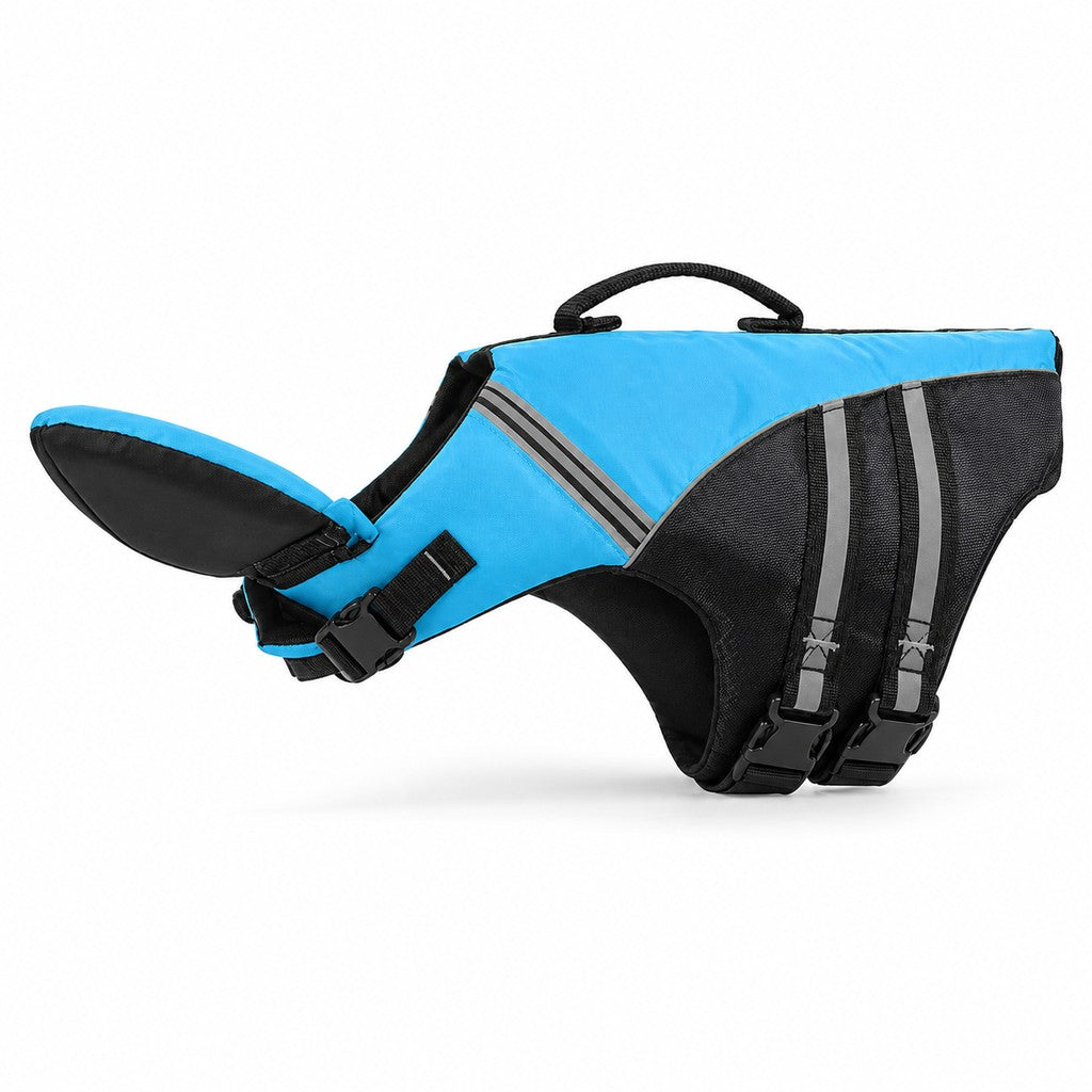 Blue and black swim vest with reflective stripes, buckles, chin pad and back handle on white