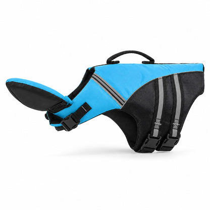 Blue and black swim vest with reflective stripes, buckles, chin pad and back handle on white