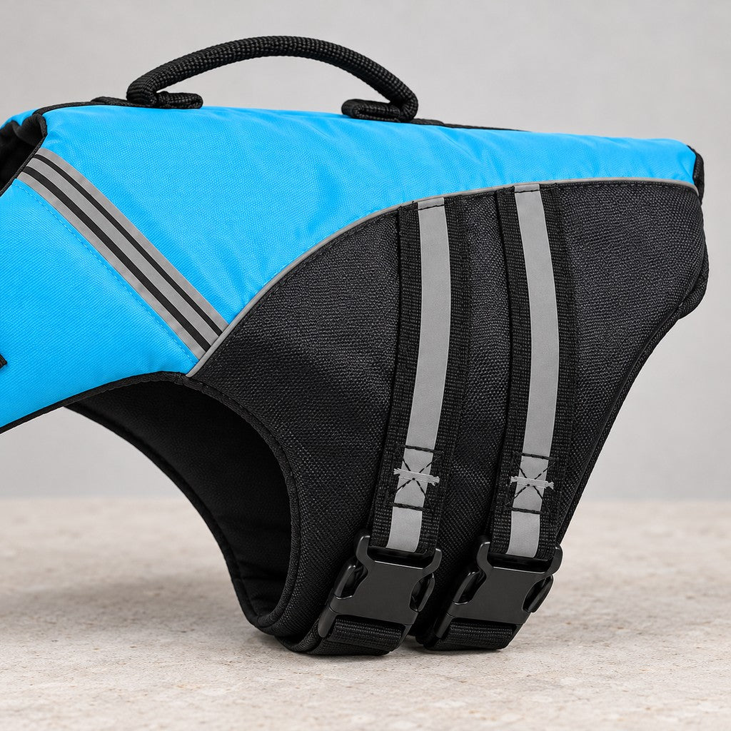 Close view of the black side straps, buckles and back handle on the blue vest