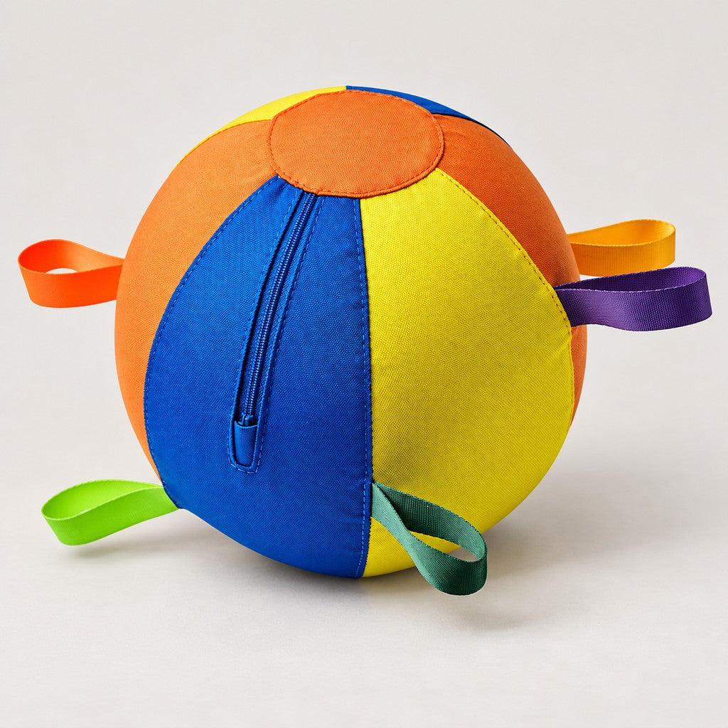 Giant fabric ball with orange, blue and yellow panels, loop handles and a zip