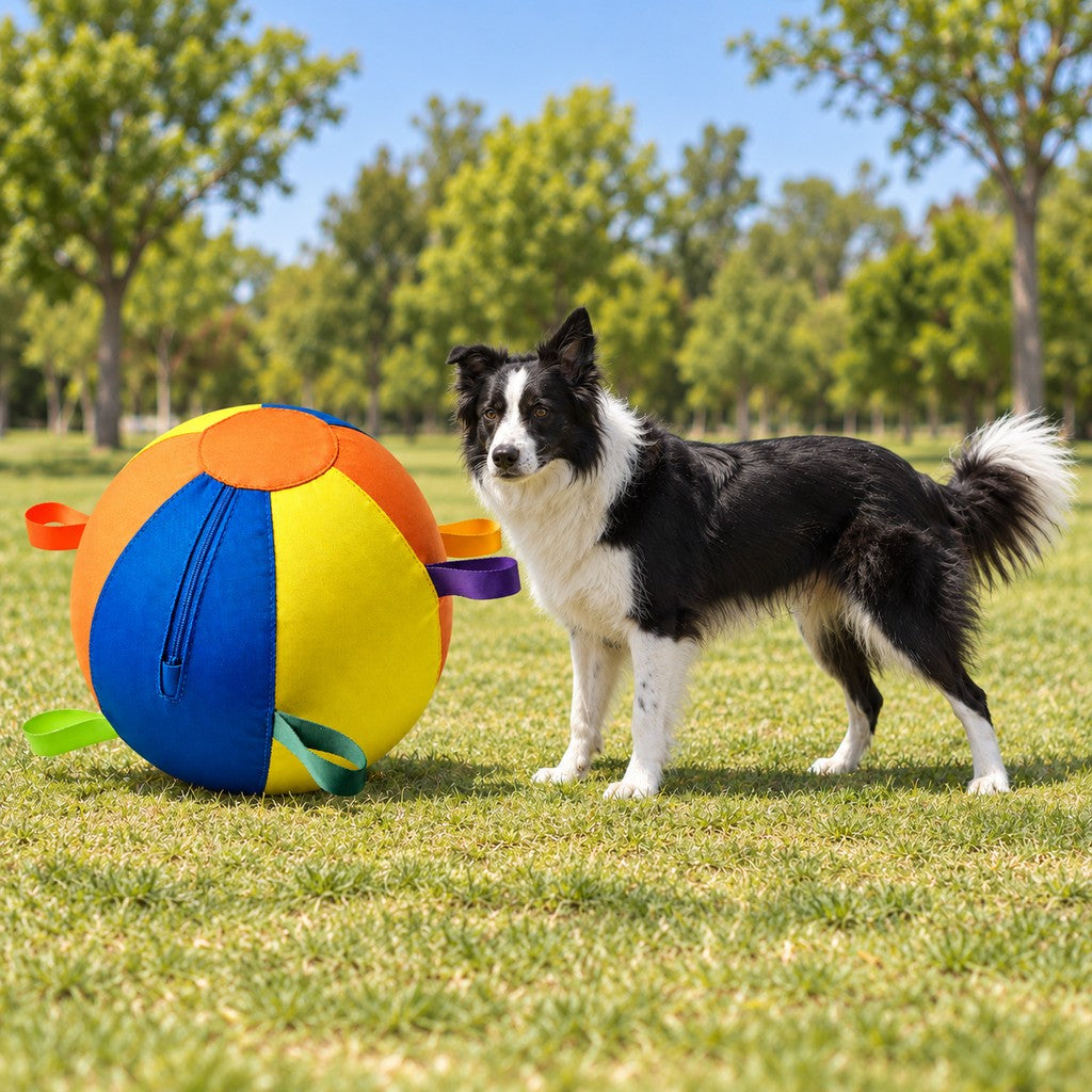 Standing border collie beside the giant fabric ball, showing the ball's size next to a dog