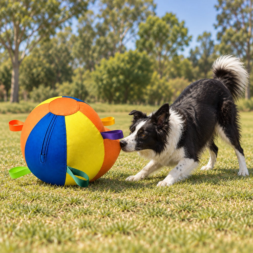 Border collie pushing the giant ball with its nose on grass