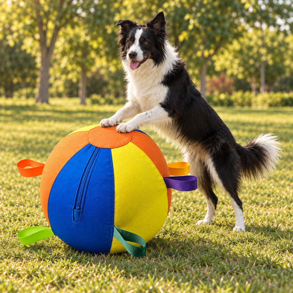 Border collie standing on hind legs with both front paws on top of the giant ball