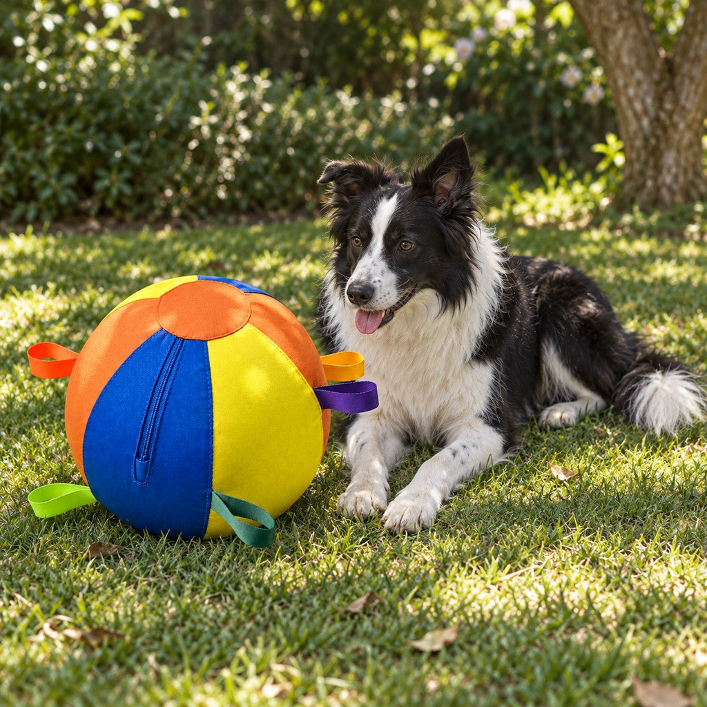 Border collie lying on grass beside the giant ball, tongue out