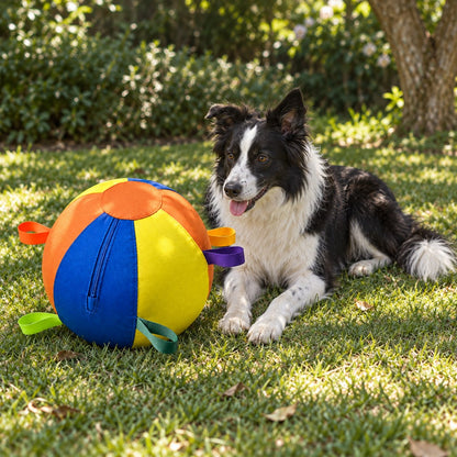 Border collie lying on grass beside the giant ball, tongue out