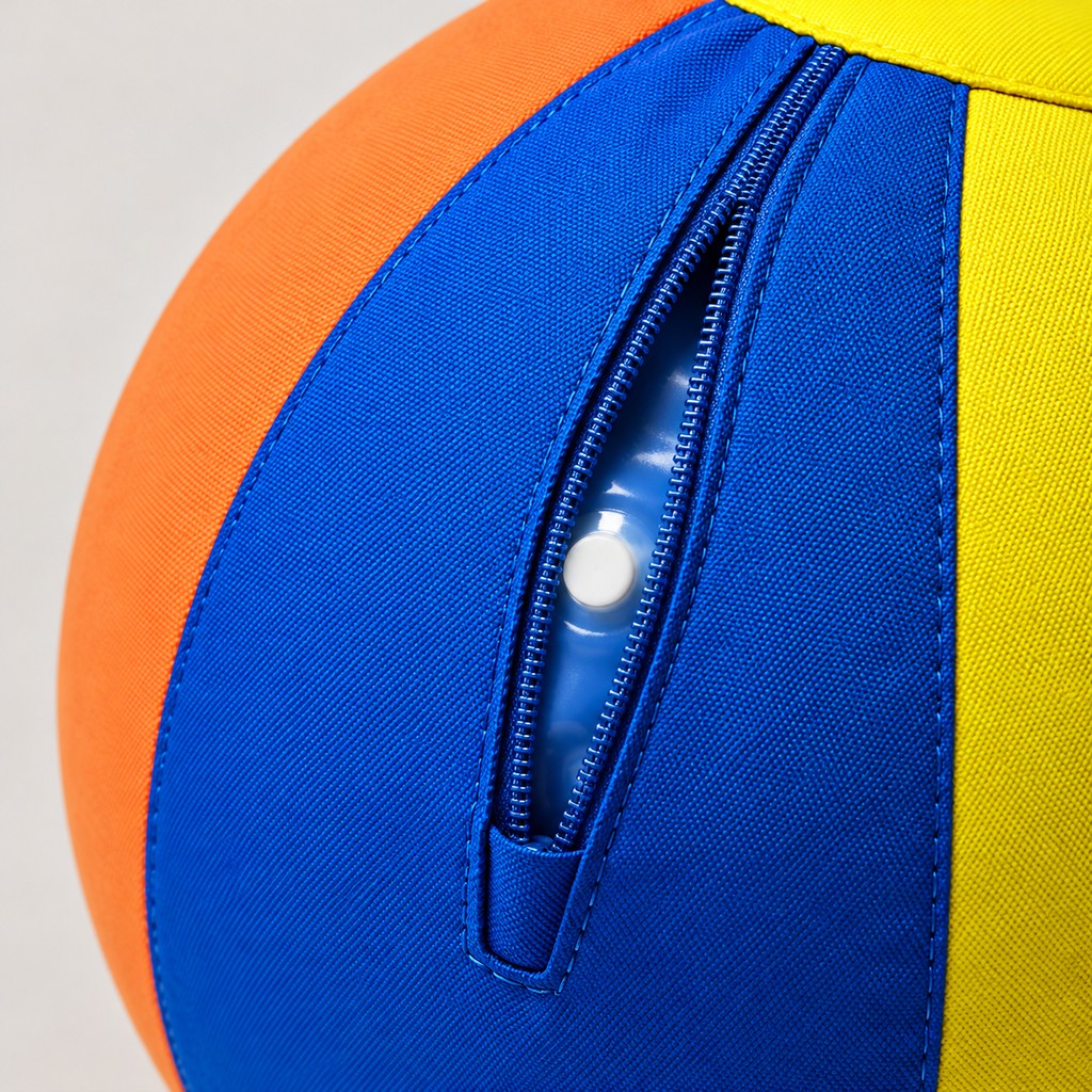 Close view of the partly open zip showing the inner blue ball and its white valve