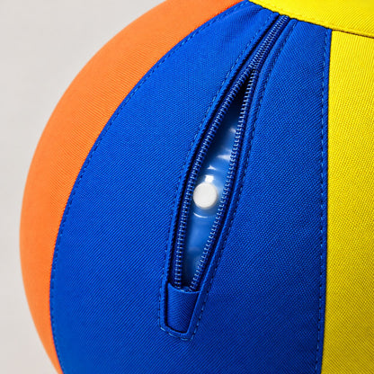 Close view of the partly open zip showing the inner blue ball and its white valve