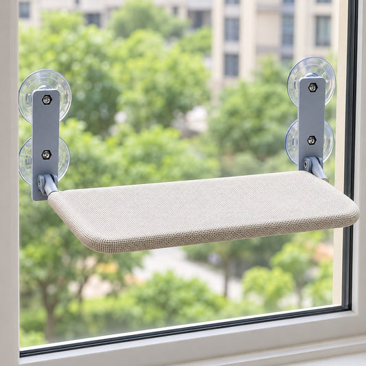 Beige woven-texture window shelf on two grey brackets with suction cups, mounted on a window