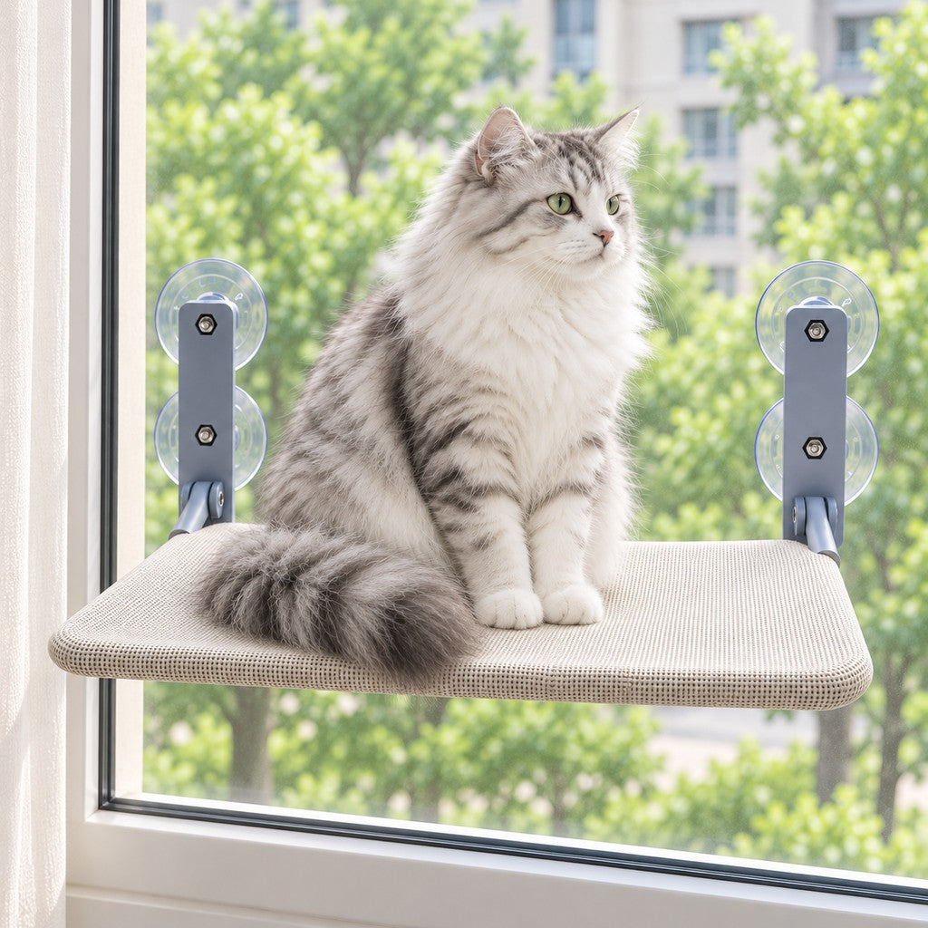 Grey and white cat sitting upright on the window shelf, looking out at the trees