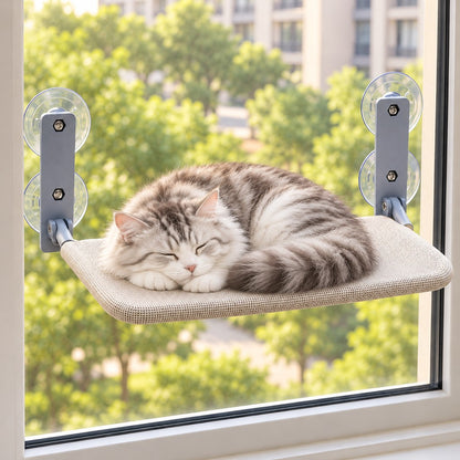 Grey and white cat curled up asleep on the window shelf