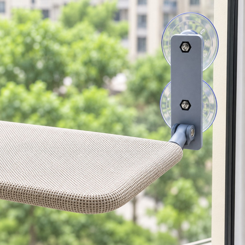 Close view of a grey bracket with two suction cups meeting the shelf's textured edge